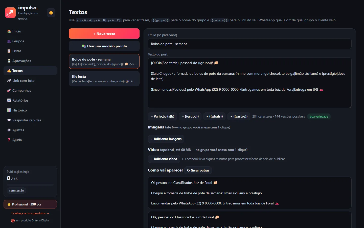 Editor de textos do Impulso com variações e prévia de como o texto aparece em cada grupo