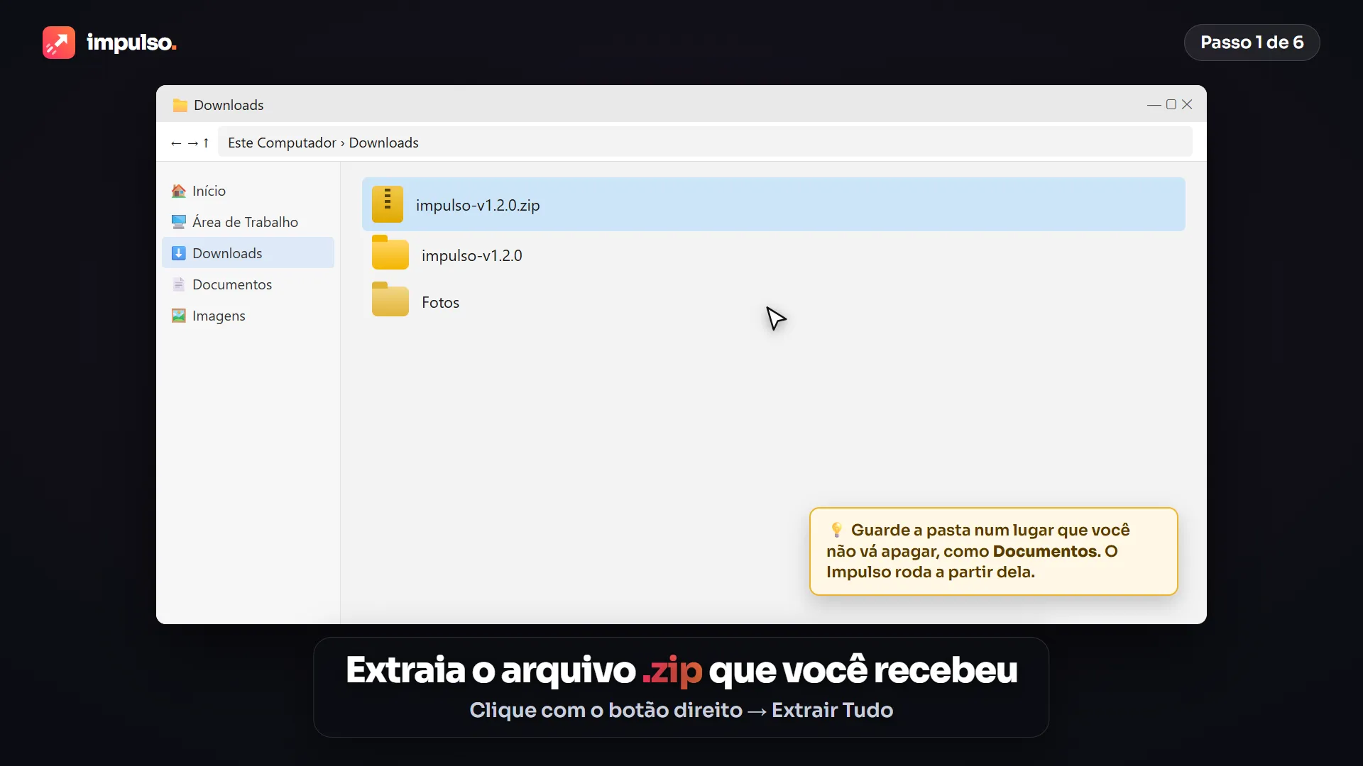 Arquivo zip do Impulso sendo extraído na pasta Downloads