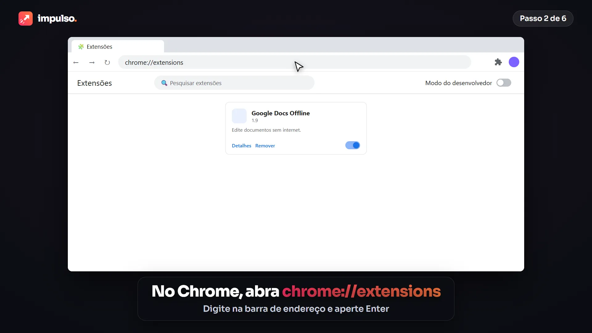 Barra de endereço do Chrome com chrome://extensions