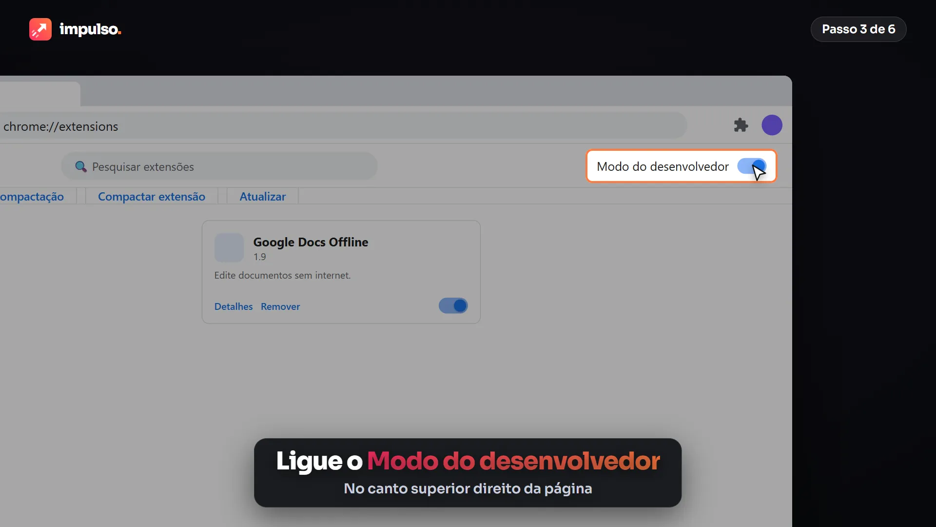 Chave do Modo do desenvolvedor no canto superior direito