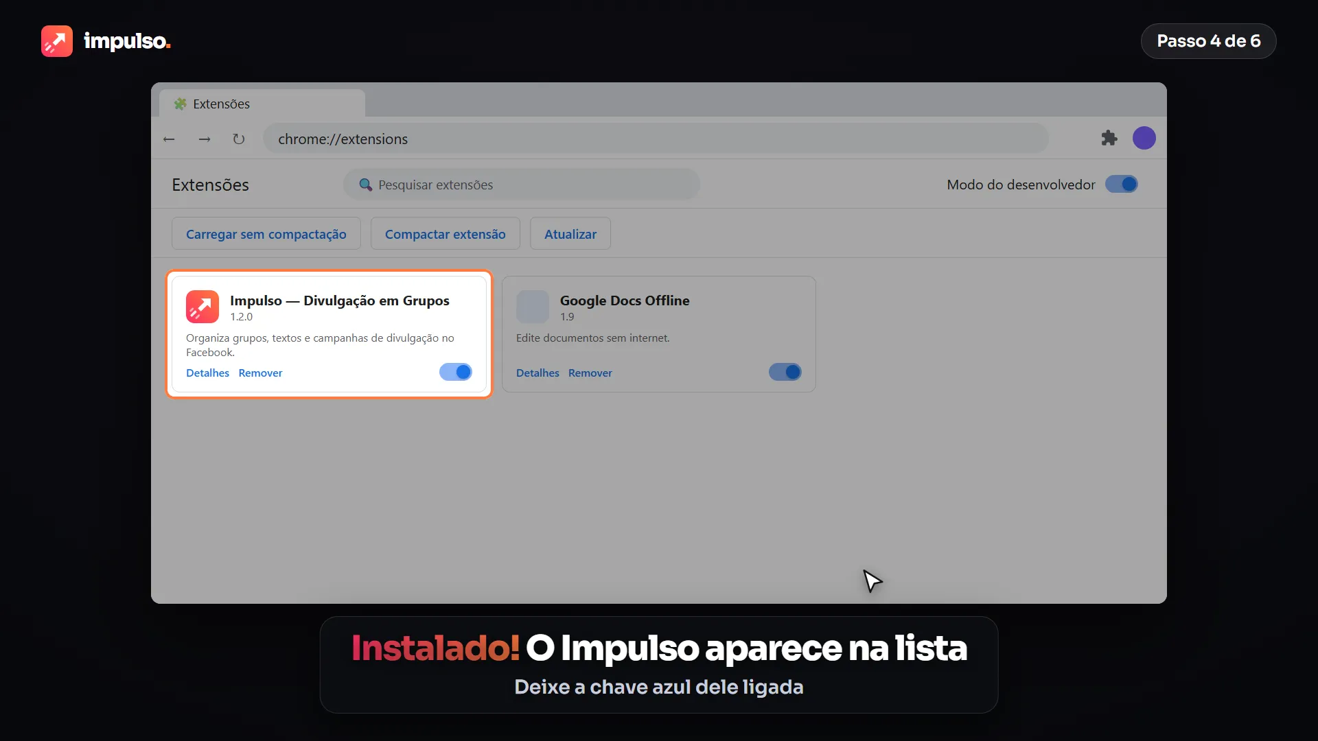 O Impulso aparece na lista de extensões