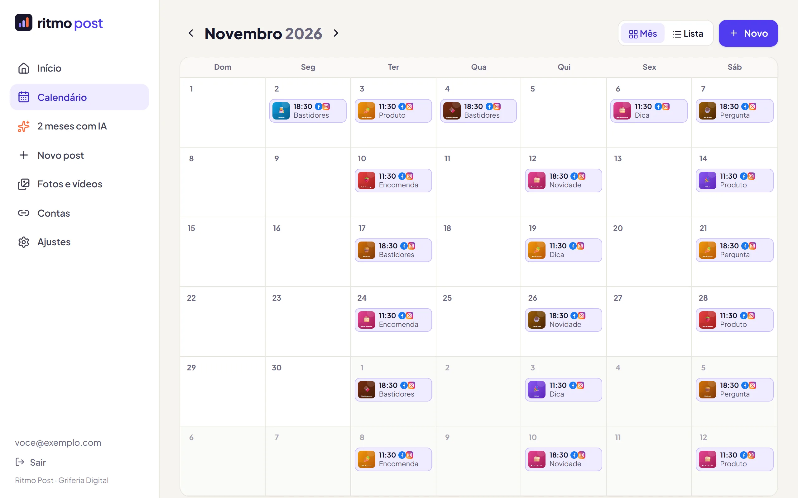 Calendário do mês com os posts agendados