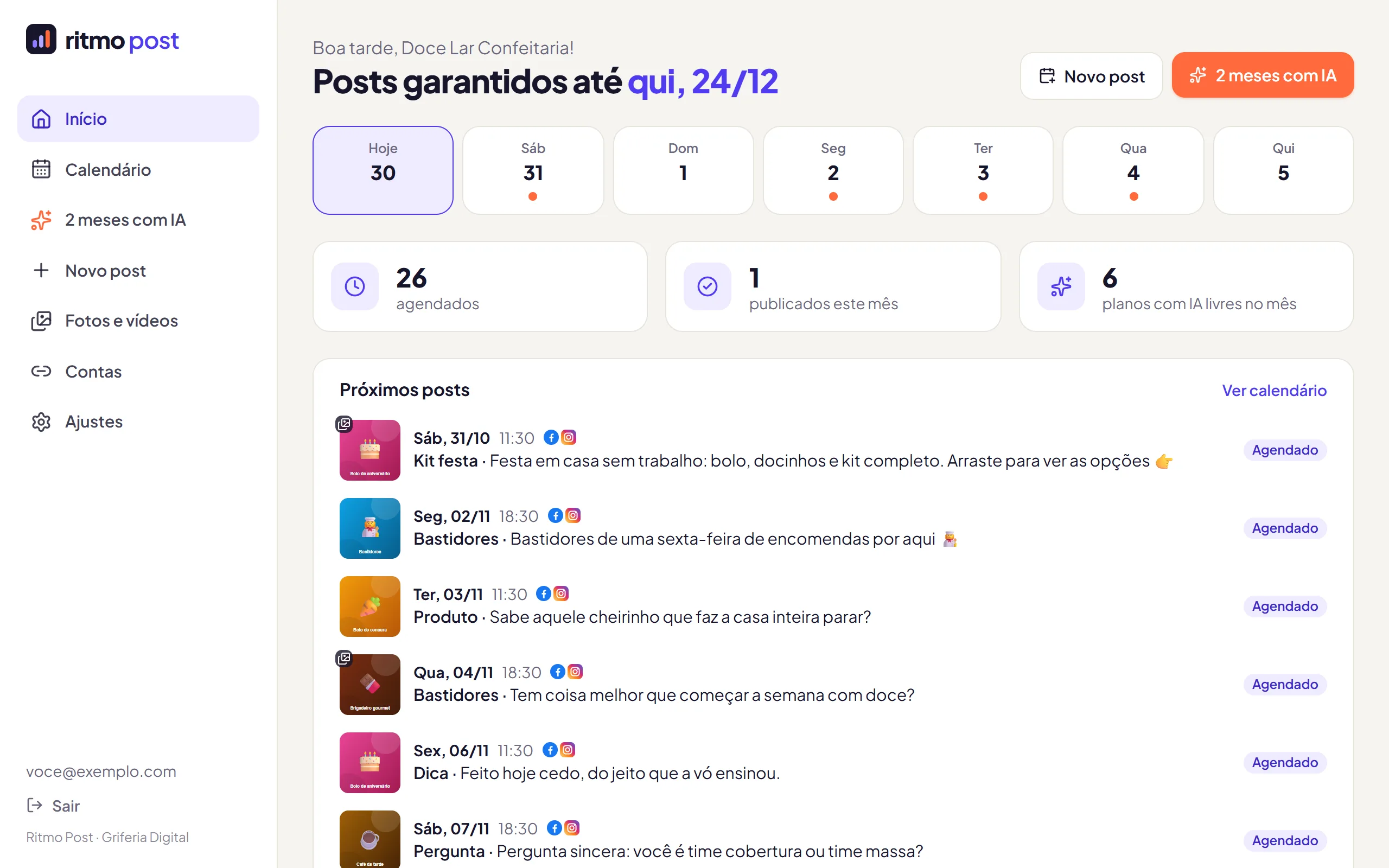 Tela inicial do Ritmo Post: posts garantidos até a data, a semana e os próximos posts
