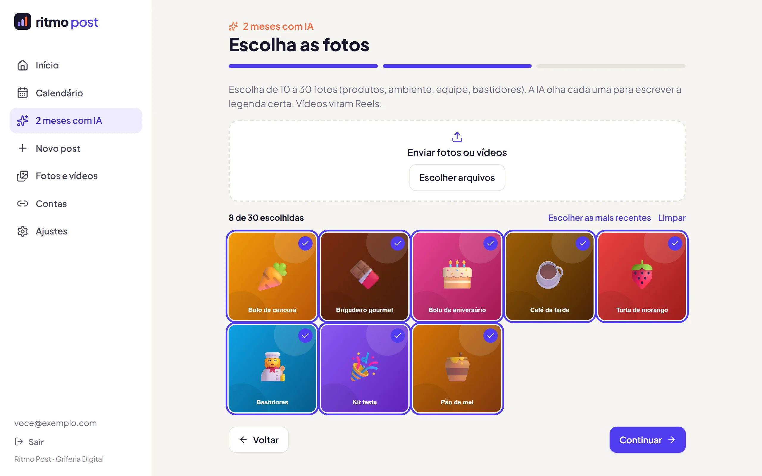 Escolha das fotos para o plano com IA